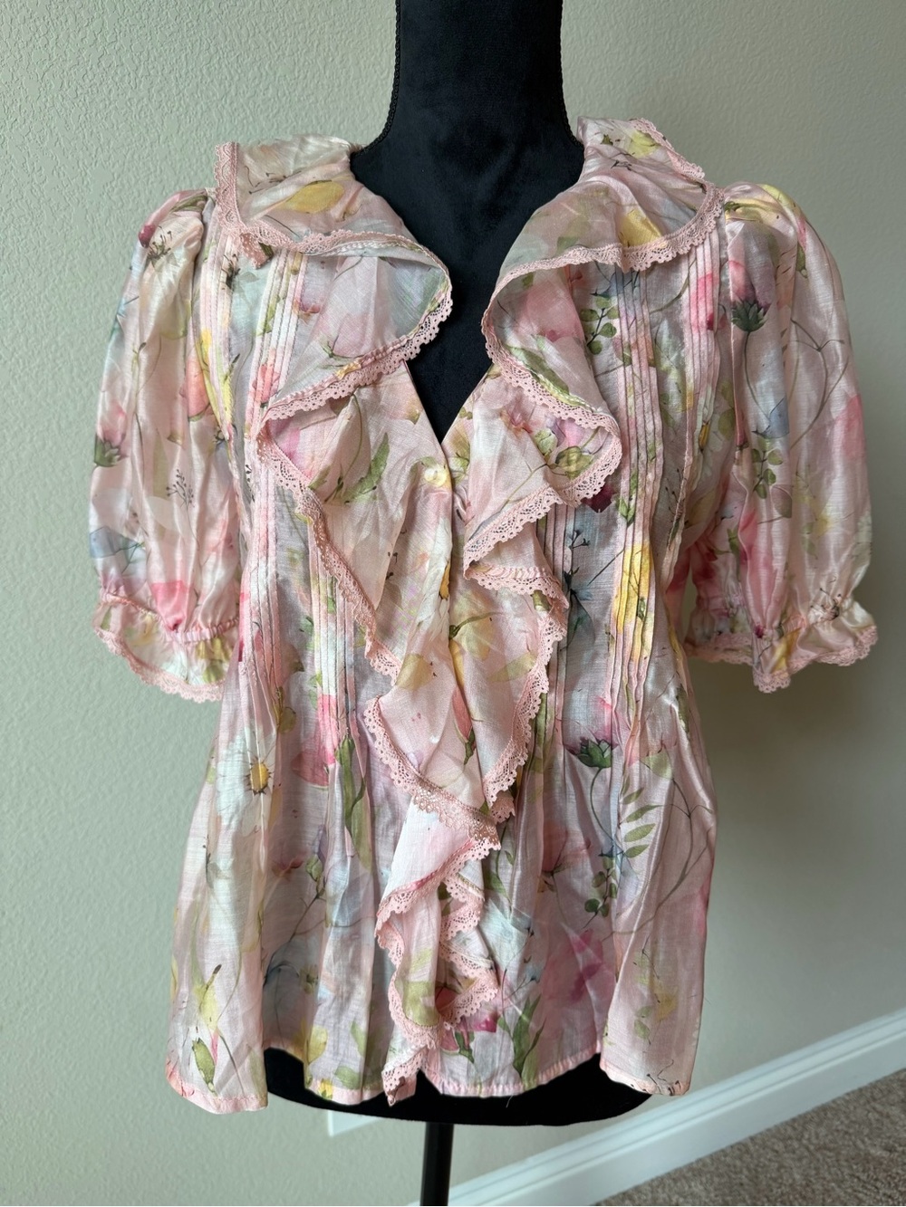 Romantic Pink Floral Ruffle Blouse